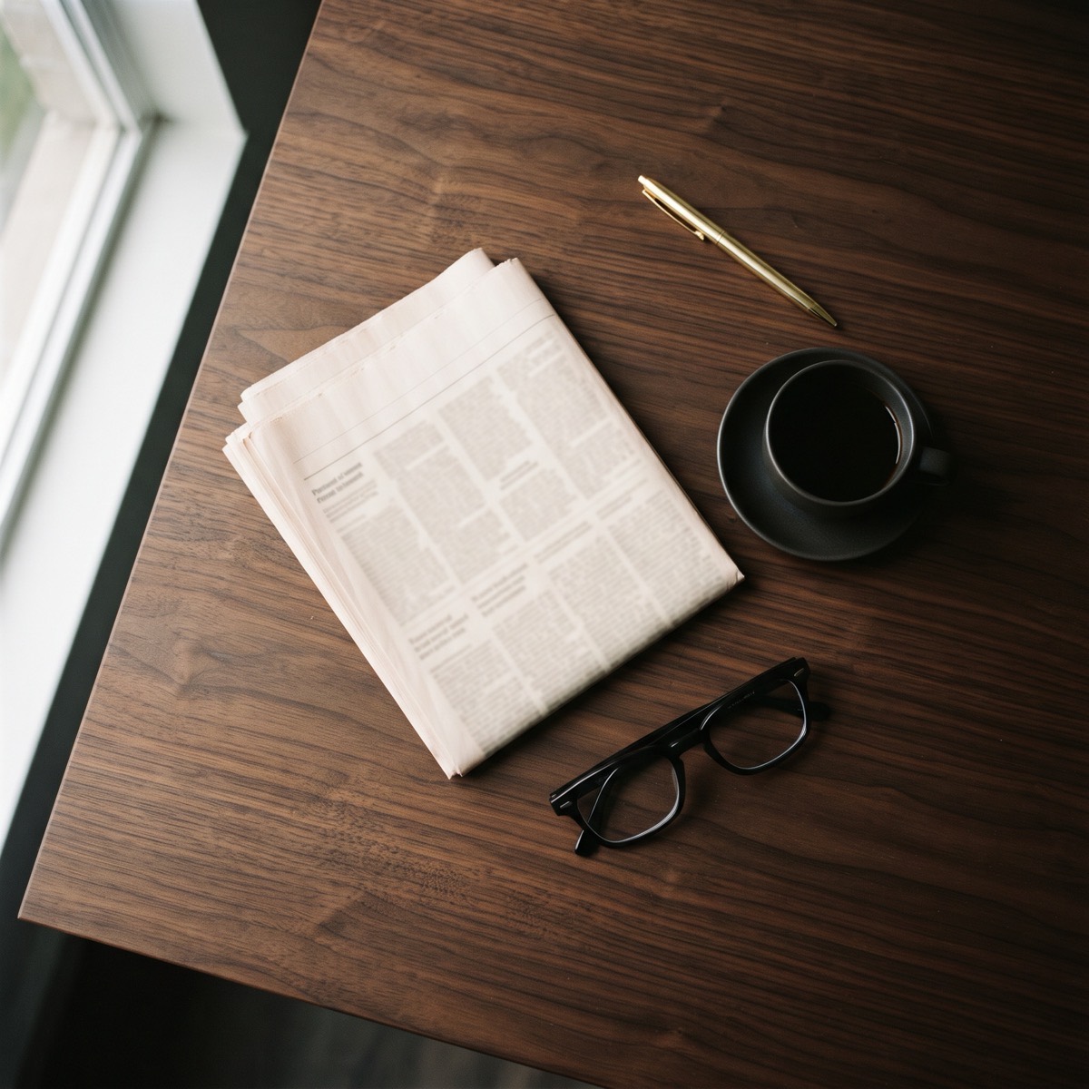 Un periódico doblado, un café y unos lentes sobre el escritorio, a la luz de la mañana