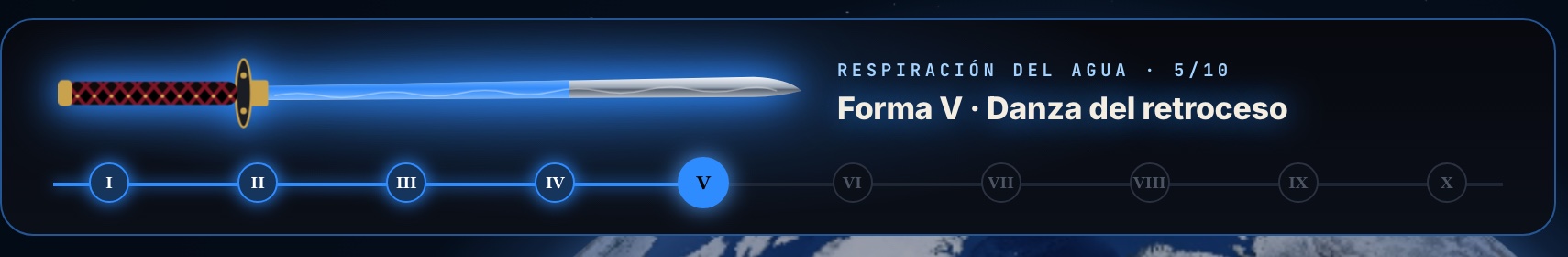 Tu katana en la app: Respiración del agua, forma V de diez, Danza del retroceso